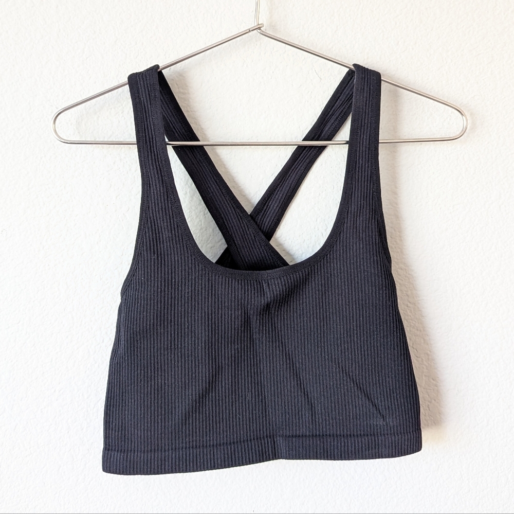 Spiritual Gangster Ribbed Bralette Sports Bra Criss Cross Back Black